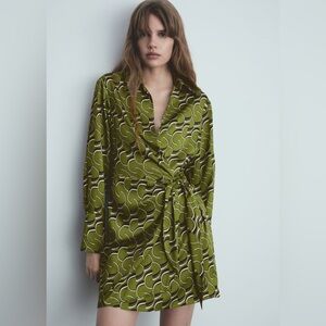 Mango Green printed satin dress NWT